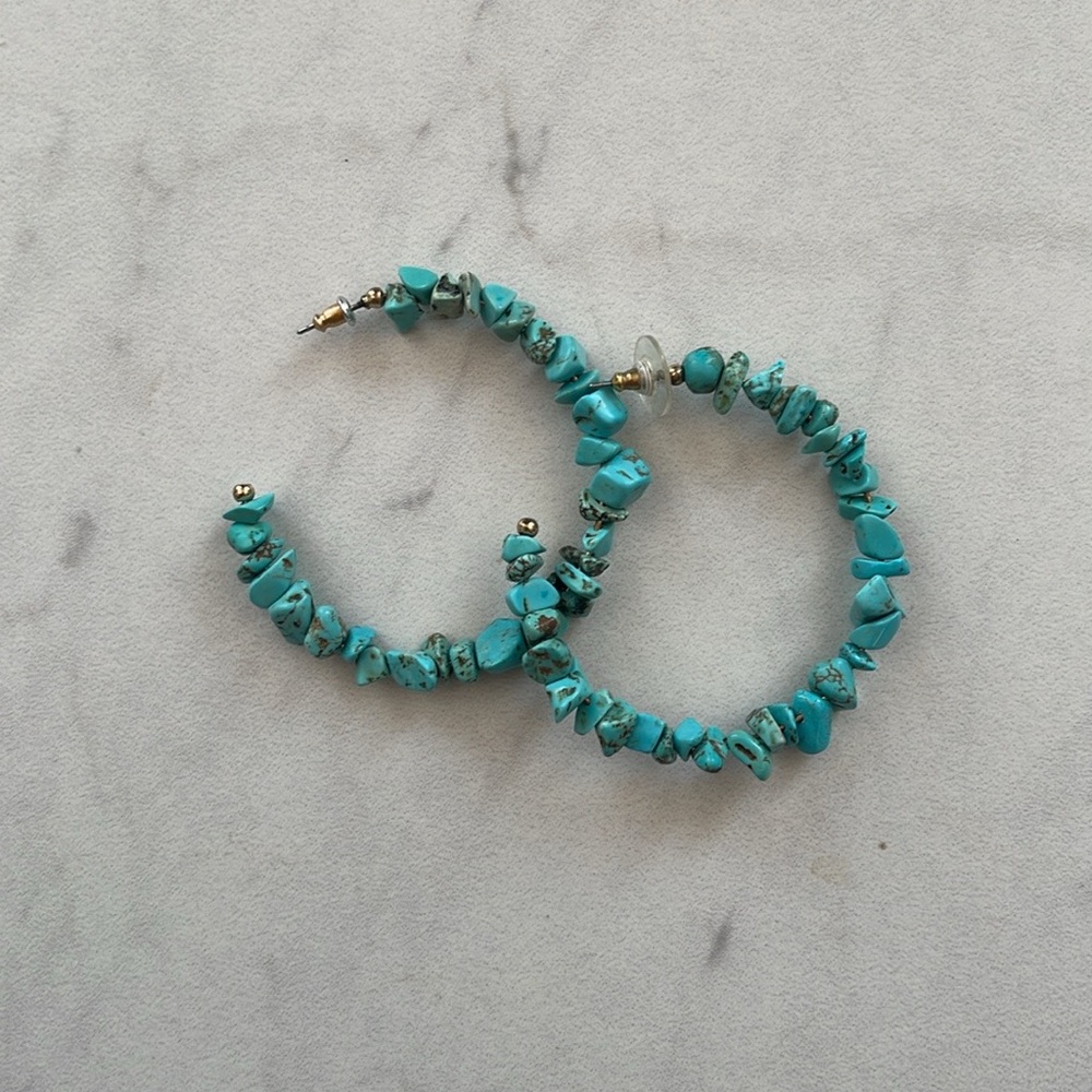 Turquoise Chip Hoop Earrings - Blue Stone Beaded Hoops